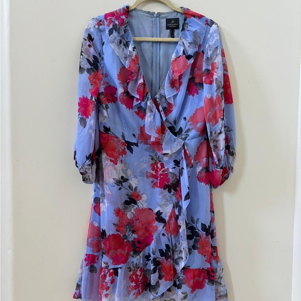 Adrianna Papell Red and Blue Wrap Sundress with Bishop Sleeves
